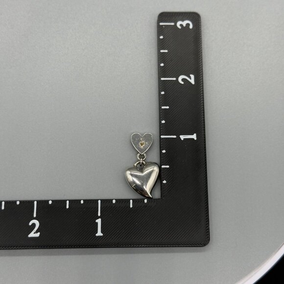 Silver Tone Double Puffy Heart Drop Dangle Pierced Post Earrings 1" - Picture 8 of 8